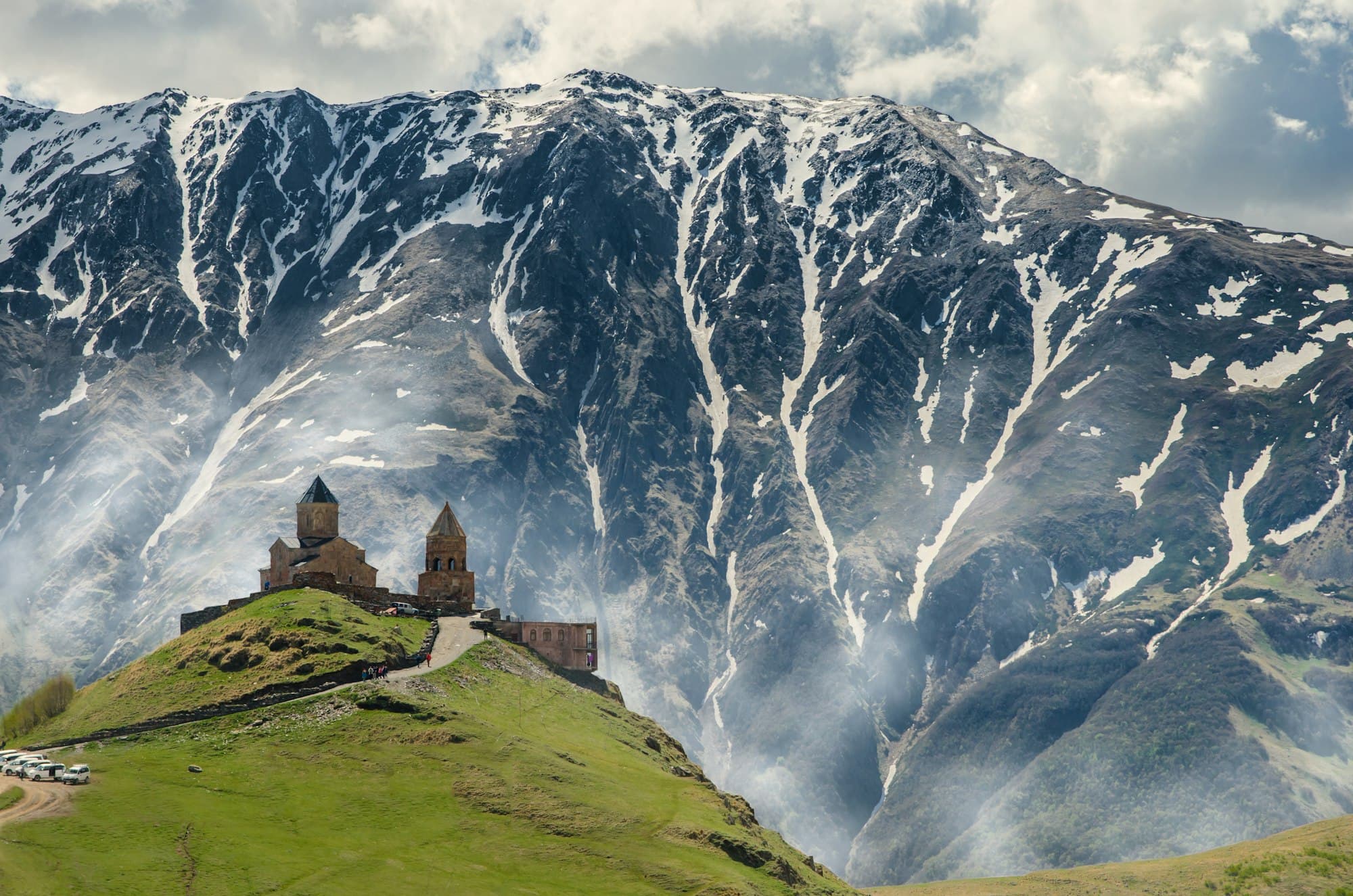Gergeti Trinity Church below the snow of Mount Kazbek