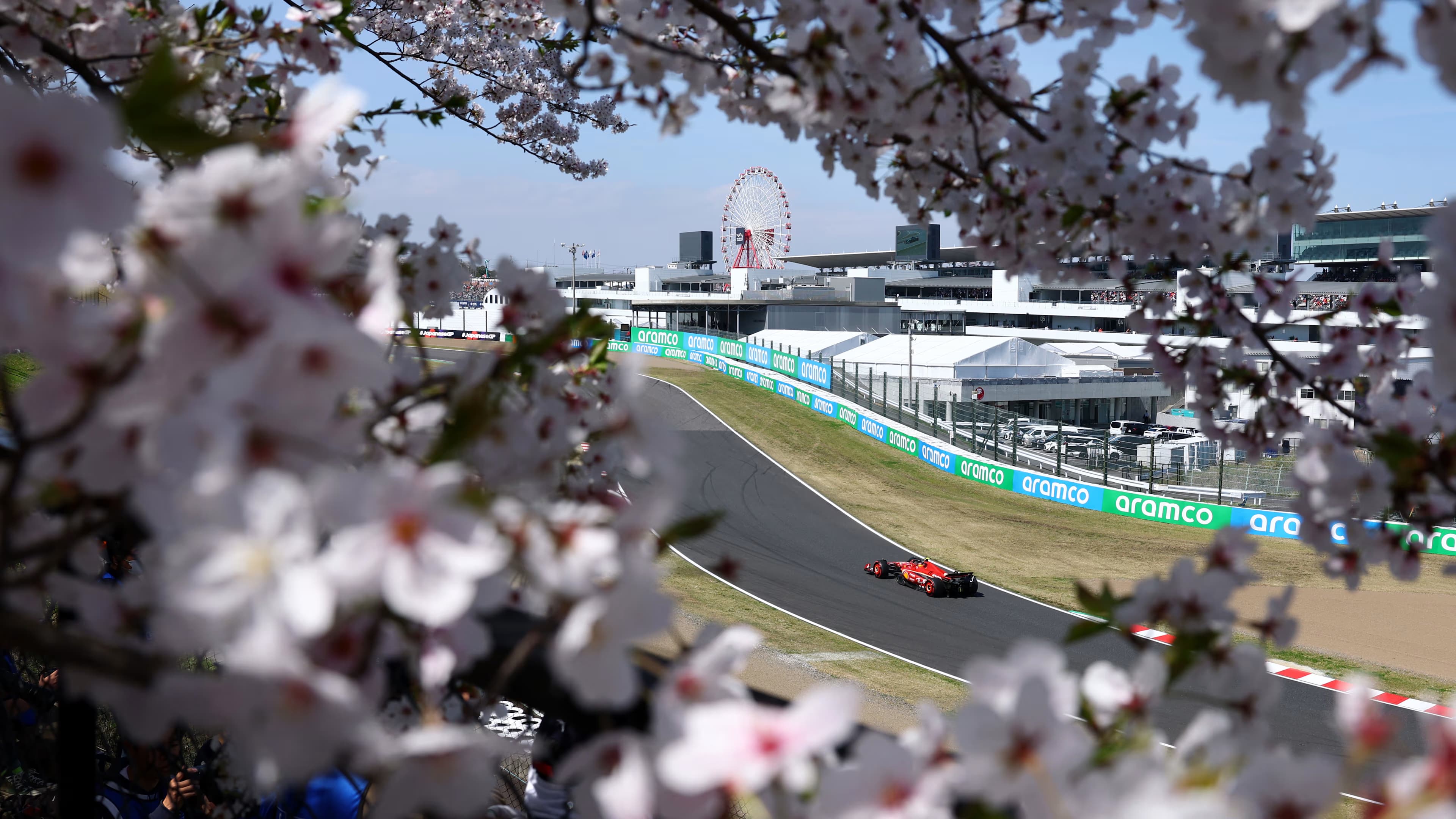 A Ferrari through the Suzuka esses, framed by cherry blossom